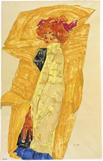 Gerti in front of Ochre-Colored Drapery, 1910. Creator: Schiele, Egon (1890-1918) Gerti in front of Ochre-Colored Drapery, 1910. Creator: Schiele, Egon (1890-1918)