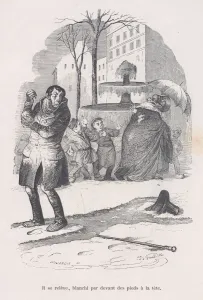 Misfortune Prints: He gets up, covered from head to toe in snow. from the Little Miseries of Human Life