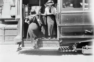 Trams Prints: Getting on Brdway car, between c1910 and c1915. Creator: Bain News Service