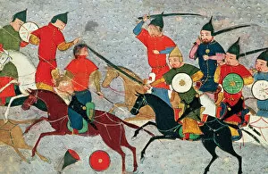 Ghenghis Khan in combat. Miniature from Jami al-tawarikh (Universal History), ca 1430. Artist: Anonymous