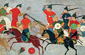Mongolian Prints: Ghenghis Khan in combat. Miniature from Jami al-tawarikh (Universal History)