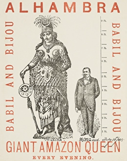 Variety Act Prints: Giant Amazon Queen performing at Alhambra, 1885. Creator: Unknown
