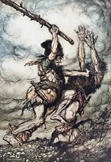 Giant Fafner Kills Fasolt. Illustration for The Rhinegold and The Valkyrie by Richard Wagner, 1910 Artist: Rackham