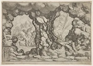 Metropolitan Mus Prints: A giant heaving a boulder at center, other giants to left and right struggling and rec
