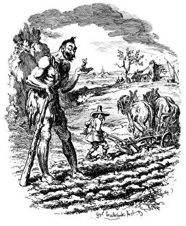 Images Dated 18th July 2007: A giant stands in a field as a farmer ploughs, 19th century.Artist: George Cruikshank