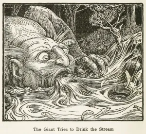 The Giant Tries to Drink the Stream, from Europas Fairy Book, pub. 1916. Creator