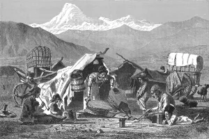 Caucasus Asia Prints: Gipsy encampment in the Caucasus; The Caucasus, 1875. Creator: Unknown