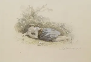 Plein Air Prints: Girl Asleep in the Woods, 1848. Creator: Jakob Dielmann