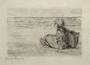 Jozef Israels Prints: Girl with basket seated on the shore. Creator: Jozef Israels (Dutch, 1824-1911)