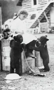 Hind Leg Prints: Girl with bear cubs, between c1900 and c1930. Creator: Unknown