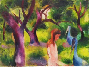 Macke Prints: Girl with blue birds (Kid with blue birds), 1914. Creator: Macke, August (1887-1914)