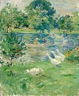 Berthe Manet Gallery: Girl in a Boat with Geese, c. 1889. Creator: Berthe Morisot