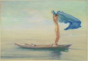 Girl in Bow of Canoe Spreading Out Her Loin-Cloth for a Sail, Samoa, 1895-1896. Creator: John La Farge