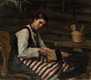 Carding Prints: Girl Carding, 1883. Creator: Maria Wiik