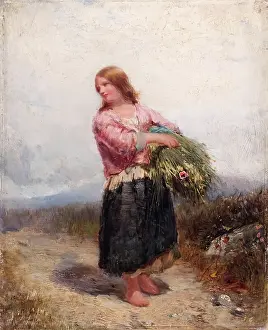 Oil On Board Prints: Girl Carrying Hay, 1850-1874. Creator: James Cassie