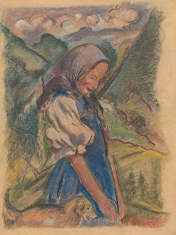 Modest Prints: Girl with a dog in the countryside, 1930-1935. Creator: Arnold Peter Weisz-Kubincan