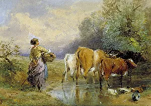 A Girl driving Cattle across a Stream, 19th century. Artist: Myles Birket Foster A Girl driving Cattle across a Stream, 19th century. Artist: Myles Birket Foster