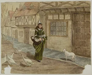 Half Timbered Prints: Girl with Eggs and Geese, n. d. Creator: Catherine Greenaway