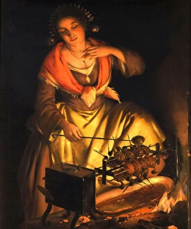 Cooker Collection: Girl in front of a fireplace, 1870