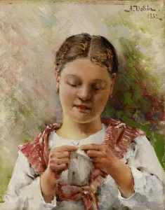 Uotila Aukusti Prints: Girl Knitting, 1882. Creator: Aukusti Uotila