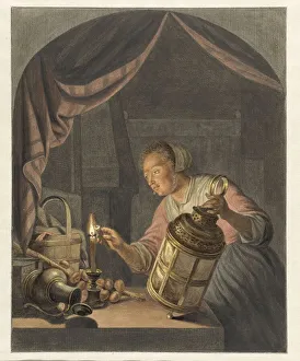 Abraham Delfos Prints: Girl lighting a lantern, 1795. Creator: Abraham Delfos