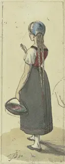 Plait Prints: A girl with long braids and a basket, seen from behind, 1830. Creator: Jakob Dielmann