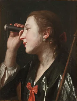 Looking Through Prints: Girl Looking through a Telescope, mid-18th century. Creator: Pietro Rotari