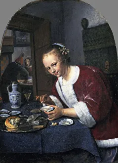 Oysters Prints: Girl with oysters. Artist: Steen, Jan Havicksz (1626-1679)