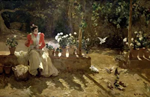 Pigeons Prints: Girl with pigeons, oil, 1900 Ricardo Brugada