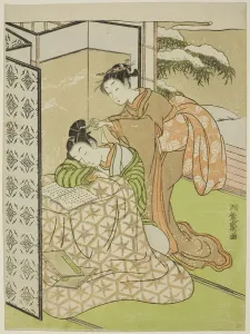 Unaware Prints: Girl Playing a Prank on a Young Man who is Napping, c. 1769. Creator: Isoda Koryusai