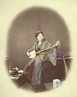 Vignette Prints: Girl Playing the Samisen, 1866-1867. Creator: Felice Beato
