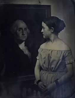 Albert Sands Southworth Collection: Girl with Portrait of George Washington, ca. 1850. Creators: Josiah Johnson Hawes