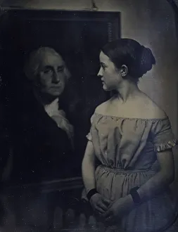 Southworth Albert Sands Prints: Girl with Portrait of George Washington, ca. 1850. Creators: Josiah Johnson Hawes