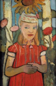 Paula 1876 1907 Prints: Girl in red dress in front of sunflower