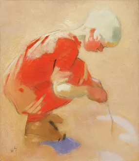 Tempera On Canvas Prints: Girl on the Sand, 1912. Creator: Helene Schjerfbeck