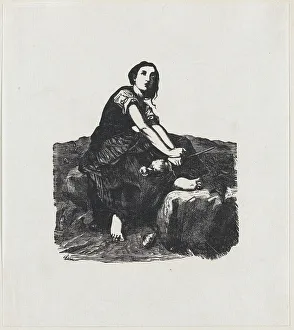 Girl seated on a rock holding a distaff, ca. 1800-1899. Creator: Anon