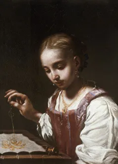 At Work Prints: Girl Sewing, 1720. Creator: Antonio Amarosi