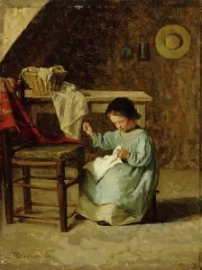 Adolf Von Becker Prints: Girl Sewing, 1869. Creator: Adolf von Becker