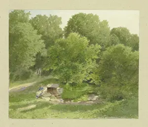Sunny Prints: Girl sitting at the opening of a brick-lined canal below a path