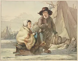 Tents Prints: Girl on a sled, next to her a boy, in a camp, 18th century. Creator: Jacob van Strij