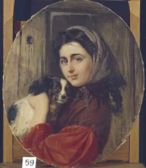 Lap Dog Prints: Girl With Small Dog. Artist: Makovsky, Konstantin Yegorovich (1839-1915)