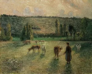 Peasant Girl Prints: Girl Tending Cows at Eragny, 1884. Creator: Pissarro, Camille (1830-1903)