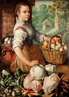 Vendor Prints: Girl with Vegetables, 1566. Creator: Beuckelaer, Joachim (ca. 1533-1574)
