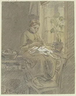 1865 Prints: Girl at the window threading a needle, 1865. Creator: Anton Burger