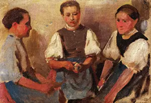 Aprons Prints: Three Girls, 1913. Creator: Frida Konstantin