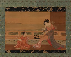 Kakejiku Collection: Two girls on a balcony overlooking the sea, Edo period, 1739-1820