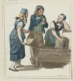 Fountain Prints: Two girls and a boy at a fountain, c1830-1880. Creator: Jakob Dielmann