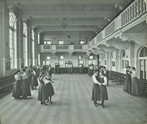 Assembly Hall Prints: Girls dancing in the assembly hall, Clapham Secondary School, London, 1910