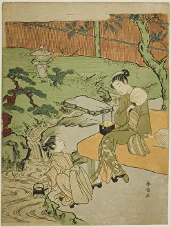 Two Girls Enjoying the Evening Cool in a Garden, c. 1765 / 70. Creator: Suzuki Harunobu