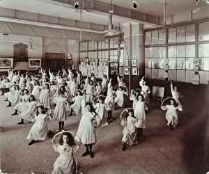 Hoop Prints: Girls with hoops, Lavender Hill Girls School, Bermondsey, London, 1906